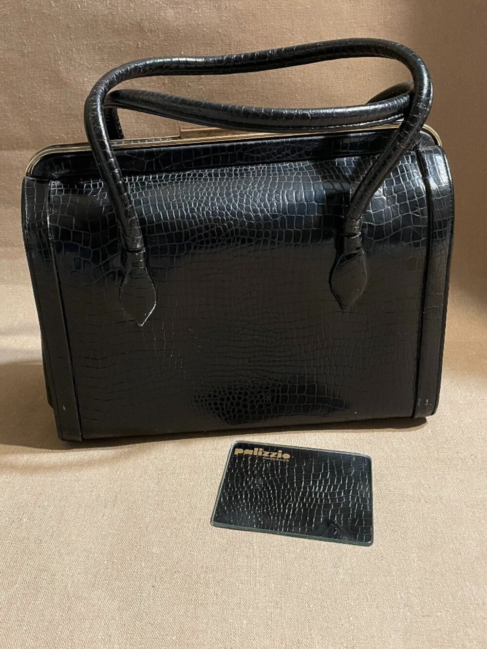 Vintage Palizzio Handbag Black Reptile Skin Mirror Midcentury 1950s Box Frame